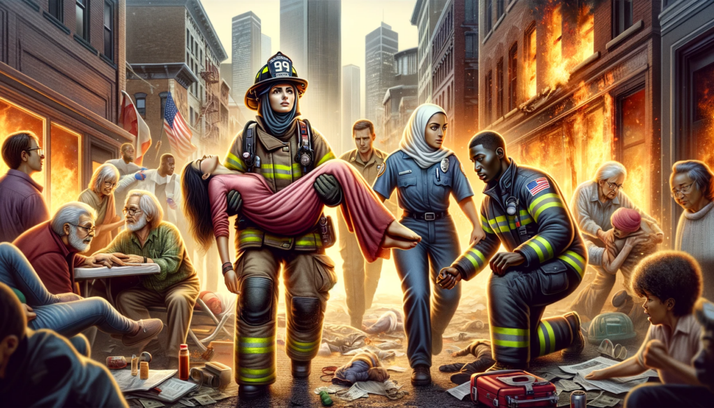 An illustration of diverse heroes in action, featuring a Middle-Eastern female firefighter rescuing a child, a Black male paramedic aiding the injured, and a Hispanic police officer assisting an elderly person, set against an urban backdrop of emergency situations.