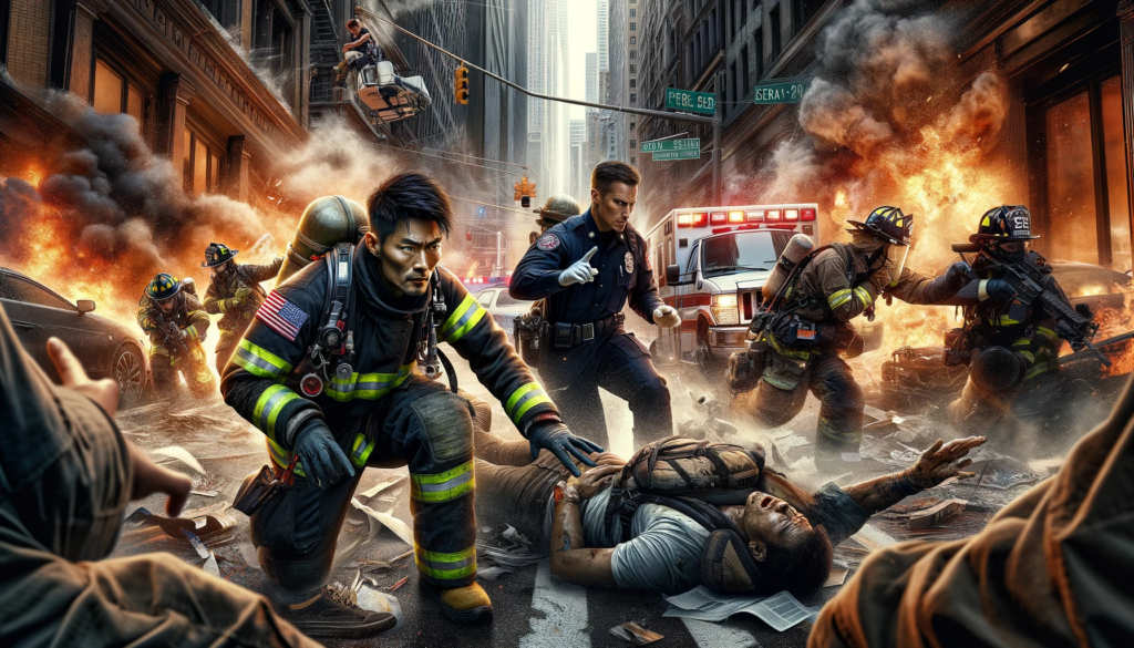 A powerful depiction of first responders in a high-stakes emergency, featuring an Asian male firefighter, a White female paramedic, and a Black female police officer in a chaotic urban setting.