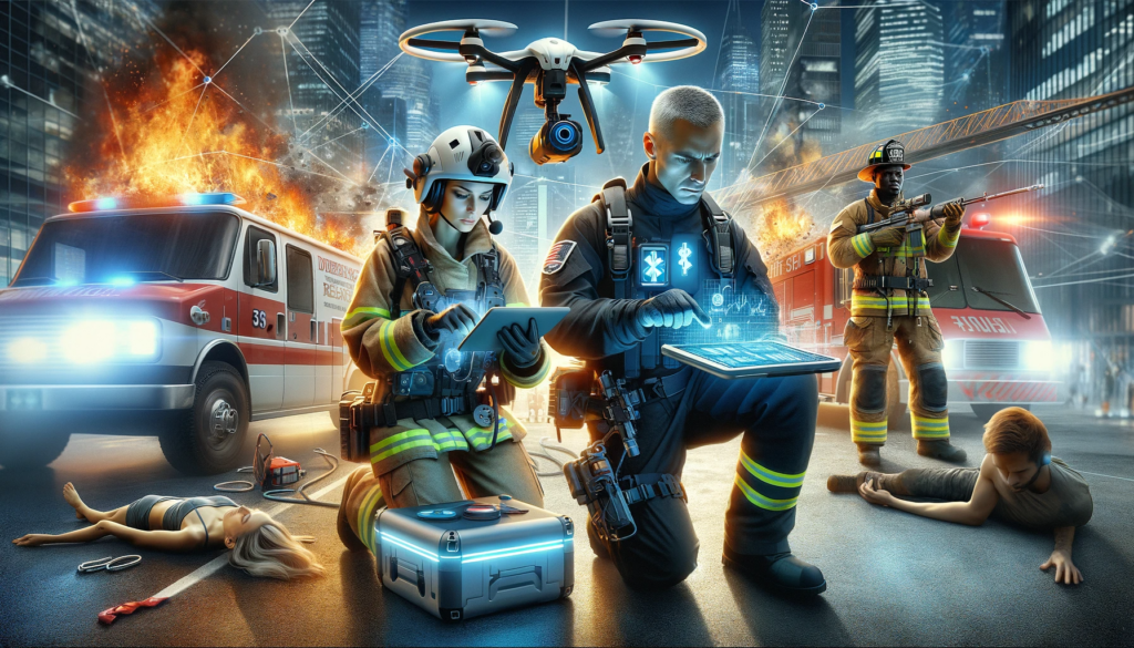  A futuristic depiction of rescue technology in action, featuring a Caucasian female emergency responder with a drone, a Hispanic male paramedic using advanced medical equipment, and an African male firefighter in high-tech gear.