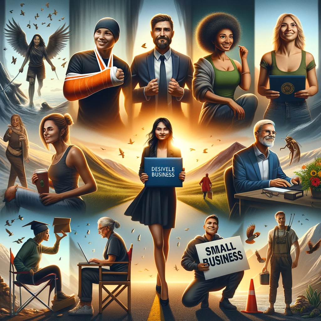 A group of diverse individuals, each depicting a unique story of survival and resilience. One person with a cast symbolizes recovery from injury, another holds a diploma for overcoming educational challenges, and a third person displays a small business sign, representing triumph over adversity. The backdrop features a sunrise over a mountain, symbolizing a new beginning.