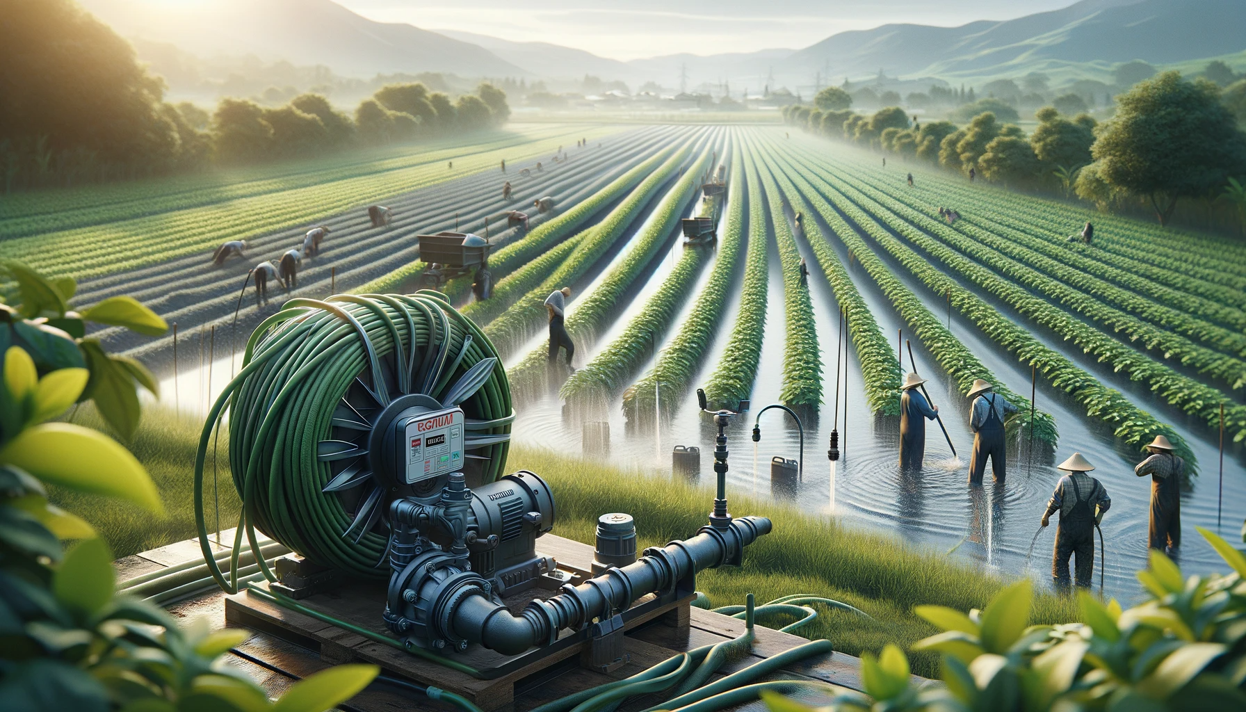 Tsurumi pumps being used for irrigation on a lush green farm with farmers adjusting the equipment.