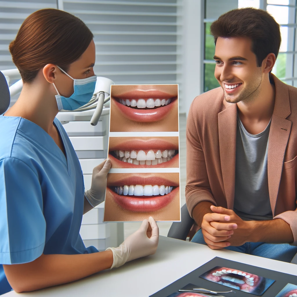 A patient consulting with a dentist in a San Diego cosmetic dental clinic, looking at before-and-after photos of dental work.
