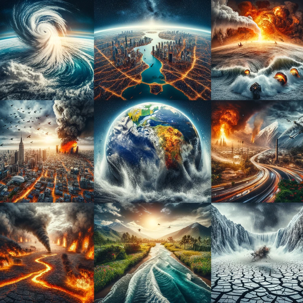 A collage depicting the top 10 natural disasters worldwide, including a hurricane, earthquake, tsunami, wildfire, flood, tornado, volcanic eruption, drought, snowstorm, and heatwave.
