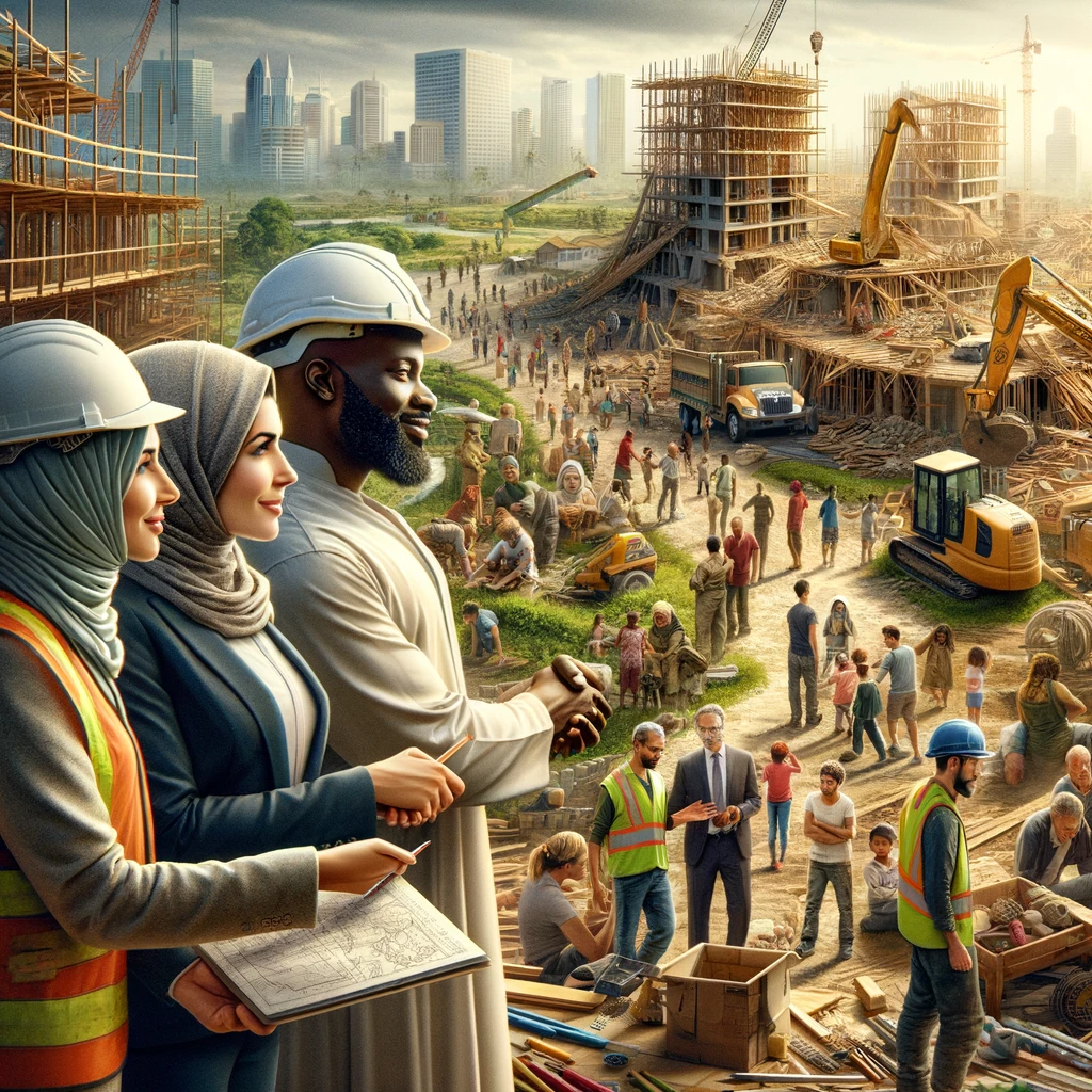 A diverse group, including a Middle-Eastern female engineer and a Black male construction worker, collaboratively working on rebuilding and rehabilitation after a natural disaster, with new buildings and greenery.