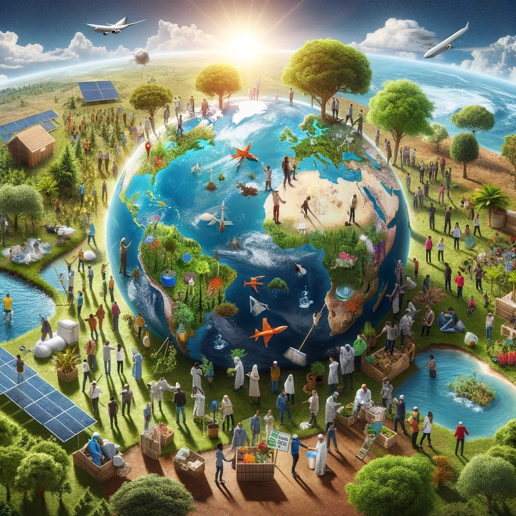 An illustration showing people of various nationalities working together on a global map, engaged in activities like tree planting, ocean cleaning, installing solar panels, and providing medical aid. The Earth is depicted in the background as vibrant and flourishing.