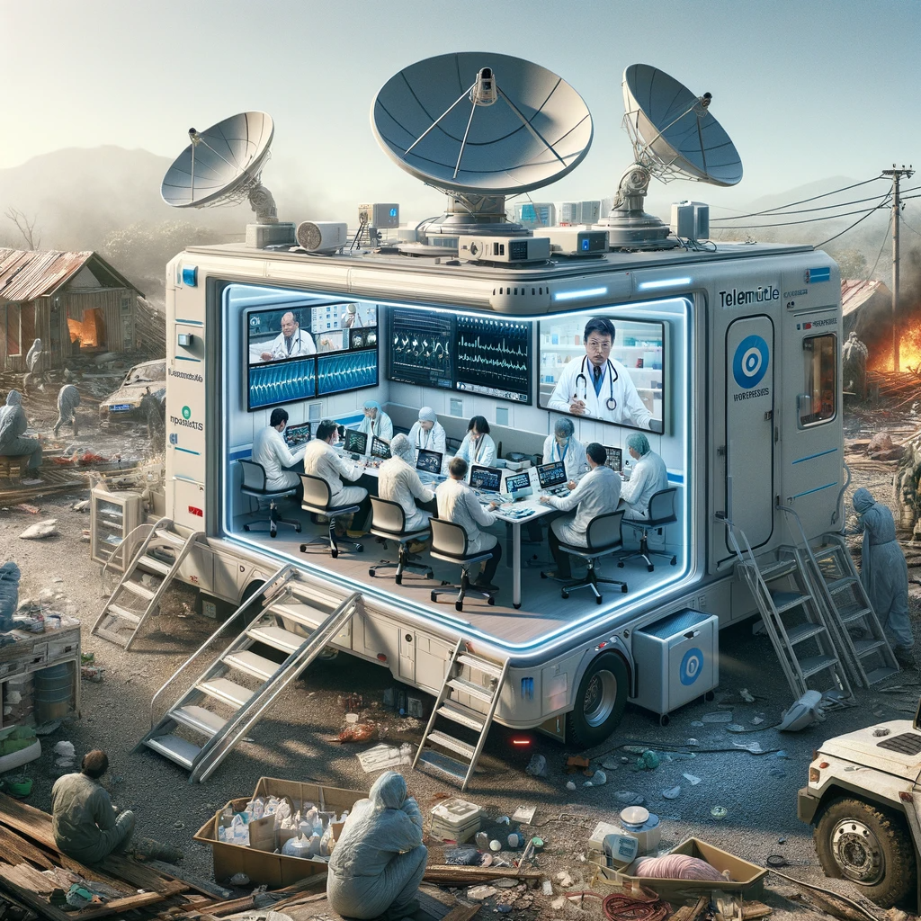 High-tech mobile telemedicine unit in a remote disaster zone, connecting with global medical experts.