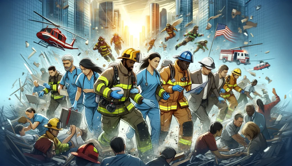 Diverse rescue workers in action in a disaster-stricken urban area.