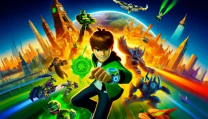 Ben Tennyson with Omnitrix, surrounded by alien forms and global landmarks in a vibrant, action-packed game scene.