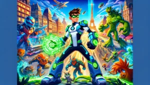 Ben Tennyson stands heroically amidst alien creatures with global landmarks in the background in the game "Play World Rescue Ben 10."