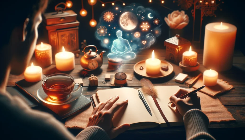 A person writing in a dream journal at a cozy, well-lit desk.