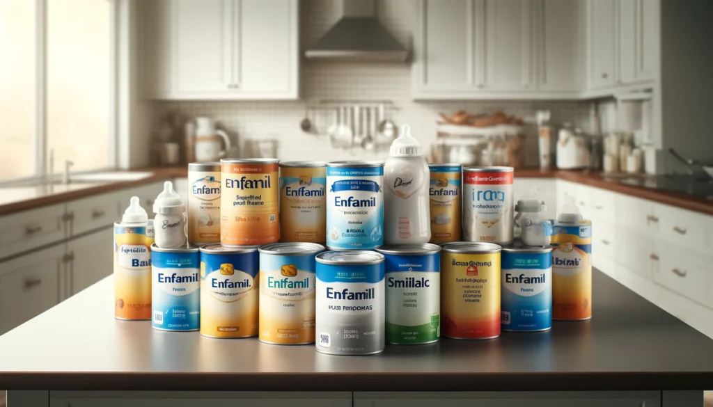 A selection of iron-fortified baby formula cans and bottles from various popular brands on a kitchen counter.