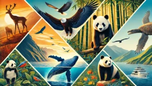 A vibrant collage showcasing successful examples of endangered species recovery, featuring a bald eagle, a giant panda, a humpback whale, and a California condor, all thriving in their natural habitats.