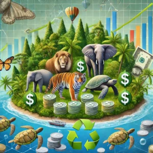 "A diverse ecosystem featuring endangered species such as tigers, elephants, and sea turtles, surrounded by symbols of the economy like dollar bills, growth graphs, and coins. The background shows a lush forest and a vibrant ocean, highlighting the link between biodiversity and economic health."