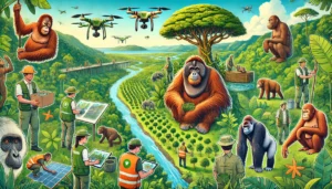 A vibrant jungle scene featuring endangered primates such as orangutans and gorillas. Conservation efforts like tree planting and anti-poaching patrols are depicted, with scientists studying the primates and using drones for monitoring. The background includes dense tropical forests, waterfalls, and clear blue skies, highlighting the natural beauty and the urgency of protecting these endangered species.