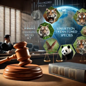 A courtroom scene depicting legal frameworks for endangered species protection. A gavel, law books, and documents related to endangered species are on the desk, with a judge in the background. Images of tigers and pandas are projected on a screen, highlighting endangered animals. A diagram of legal frameworks, including the Endangered Species Act and CITES, is also visible.